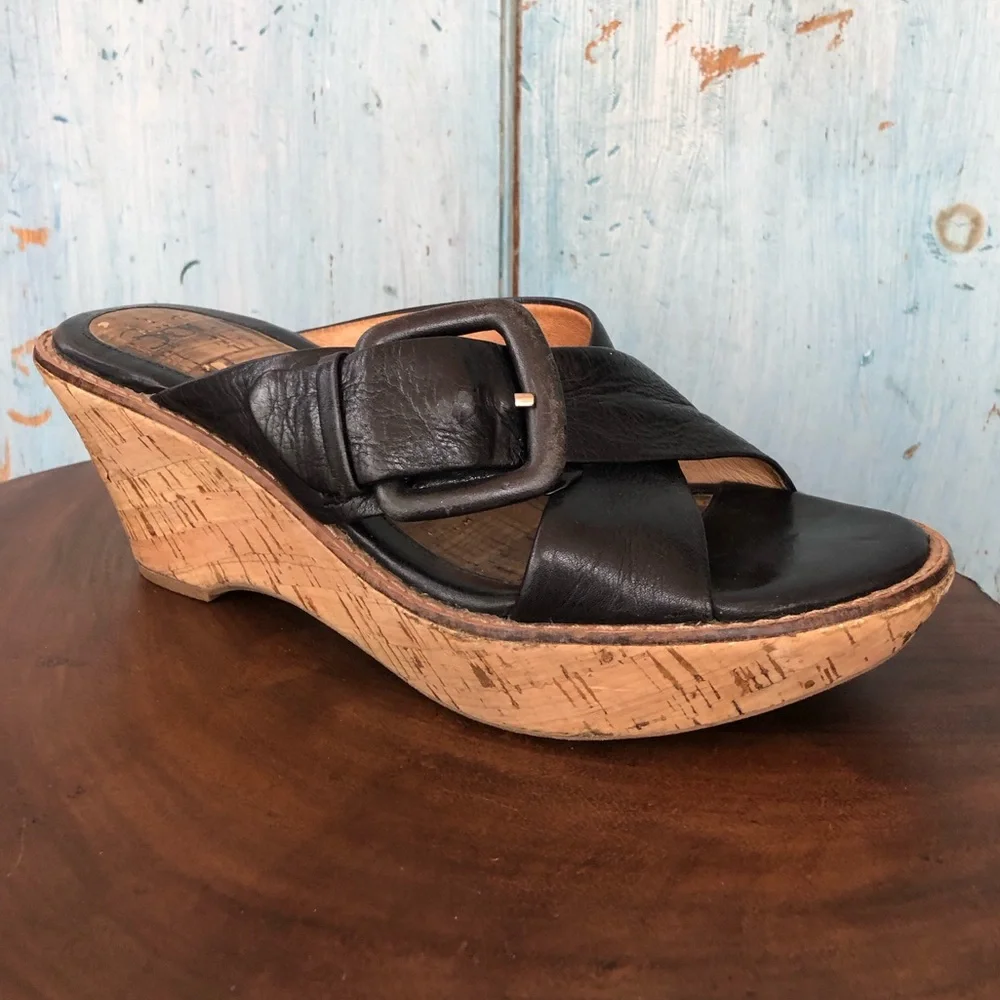 Sofft black leather wedge slides with buckle & cork-covered heel with gold - Picture 4 of 13